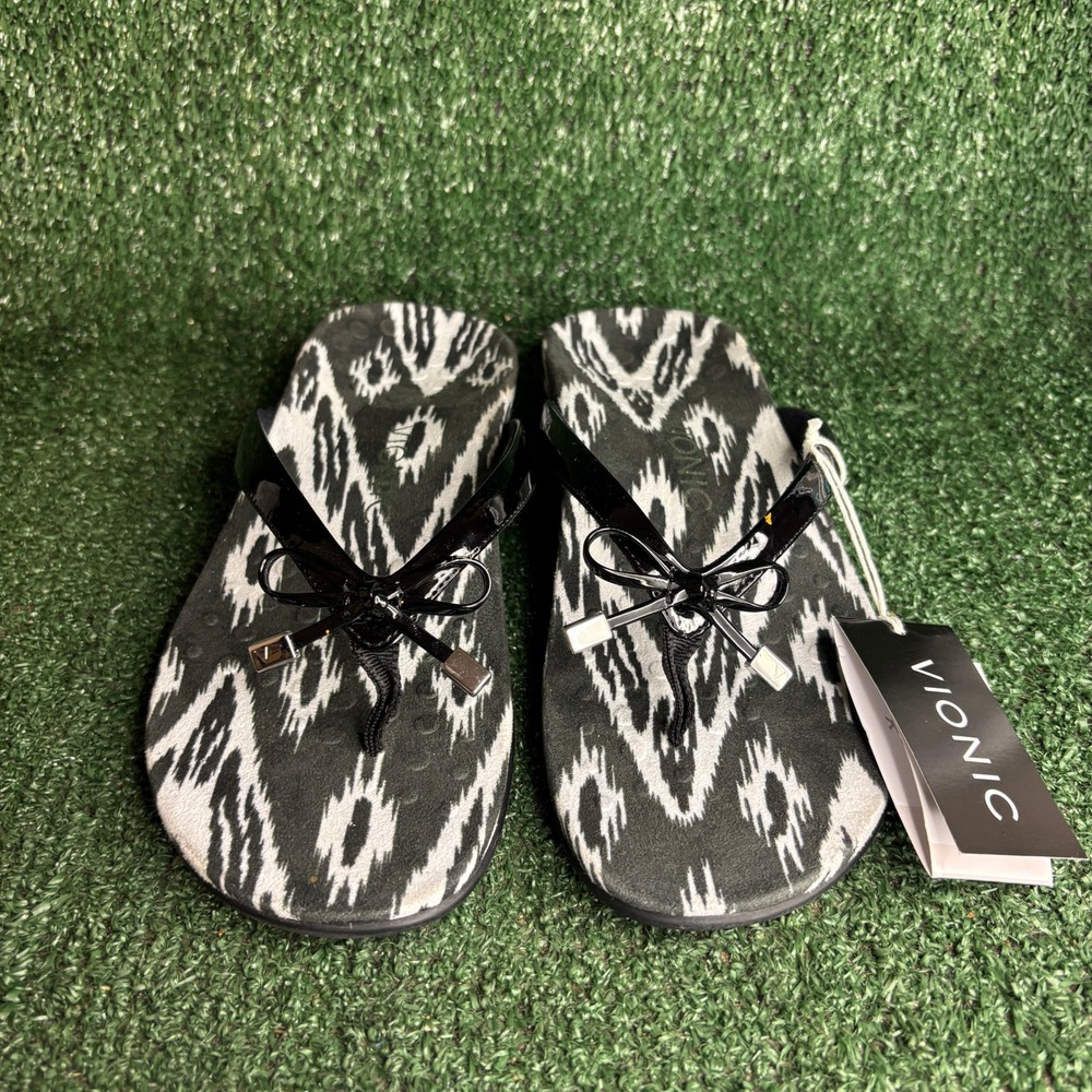NEW Vionic Bella II Orthaheel Bow Ikat Print Thong Sandals Black White Womens‎ 8